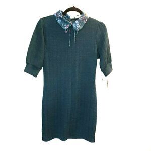 NWT Kingstone Grey Green Tie Lined Mini Sweater Dress Academia Preppy Size L